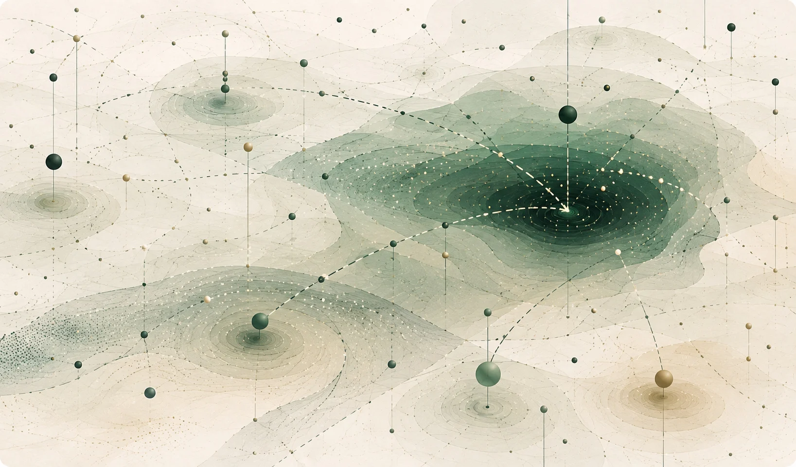Analytical landscape of pipeline decisions: six dotted routes run inward from the edges toward a single resolved outcome, with weighted candidate nodes standing on drop-lines above concentric probability rings.